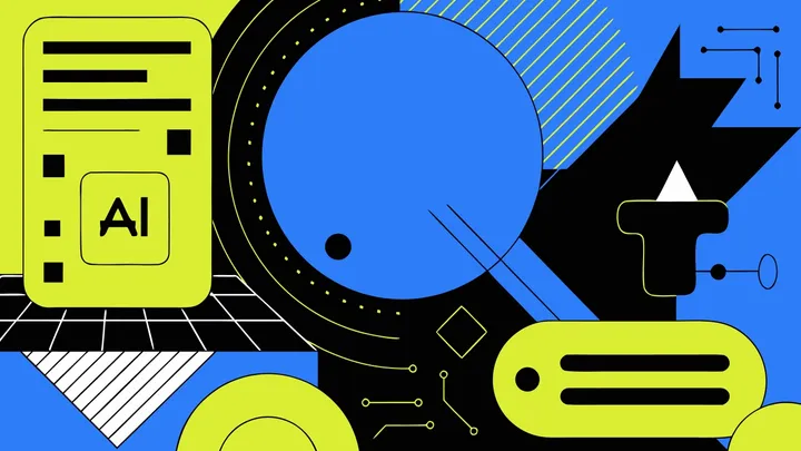Bold flat-geometric illustration in lime, blue, and black — a large blue disc, a card marked "AI", a chat bubble, circuit-line accents, and a grid floor