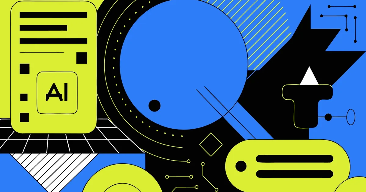 Bold flat-geometric illustration in lime, blue, and black — a large blue disc, a card marked "AI", a chat bubble, circuit-line accents, and a grid floor